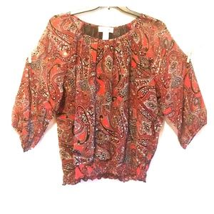 Cathy Daniel's sparkly blouse rust red and black